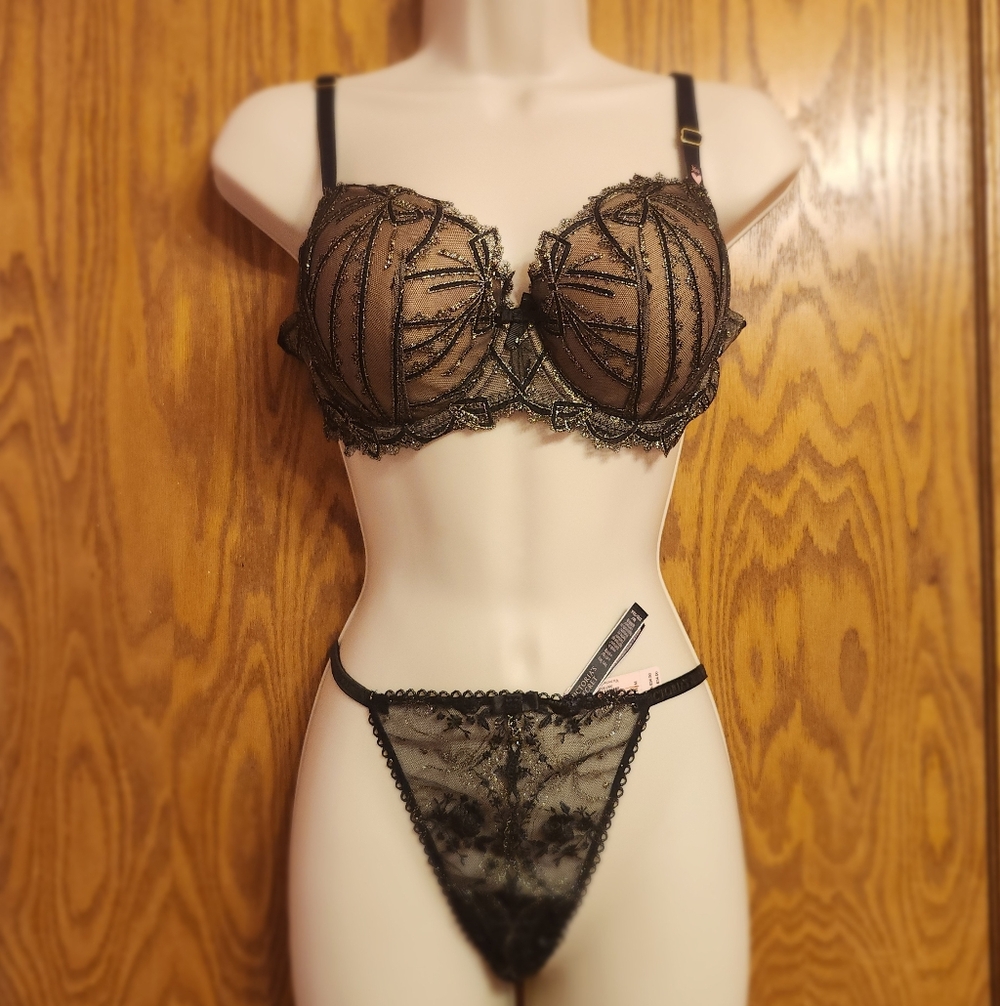 Victoria's Secret Black Sheer Embroidered Underwire Bra & Thong Set Bra Sz 36D